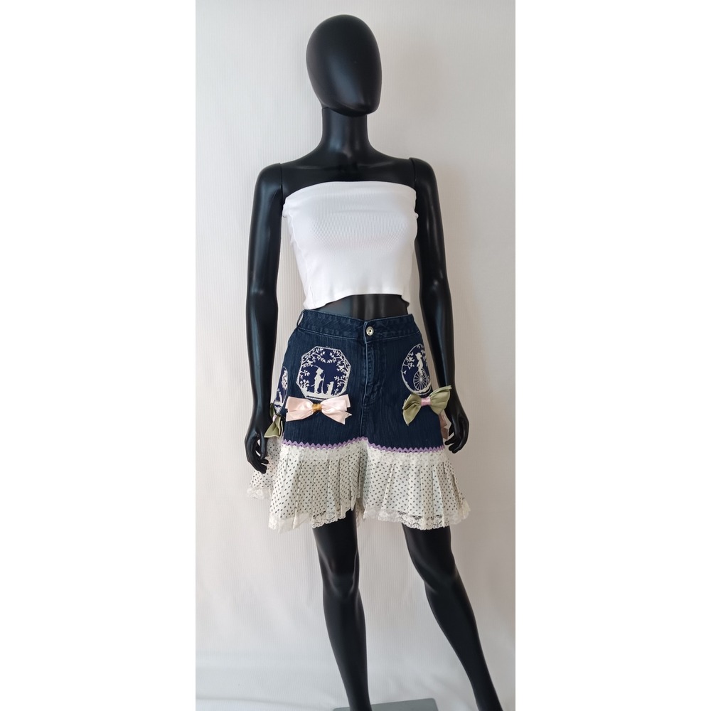 Mossimo Upcycled Kawaii Denim Skirt Bows Lace Floral Pleated Hem 26W